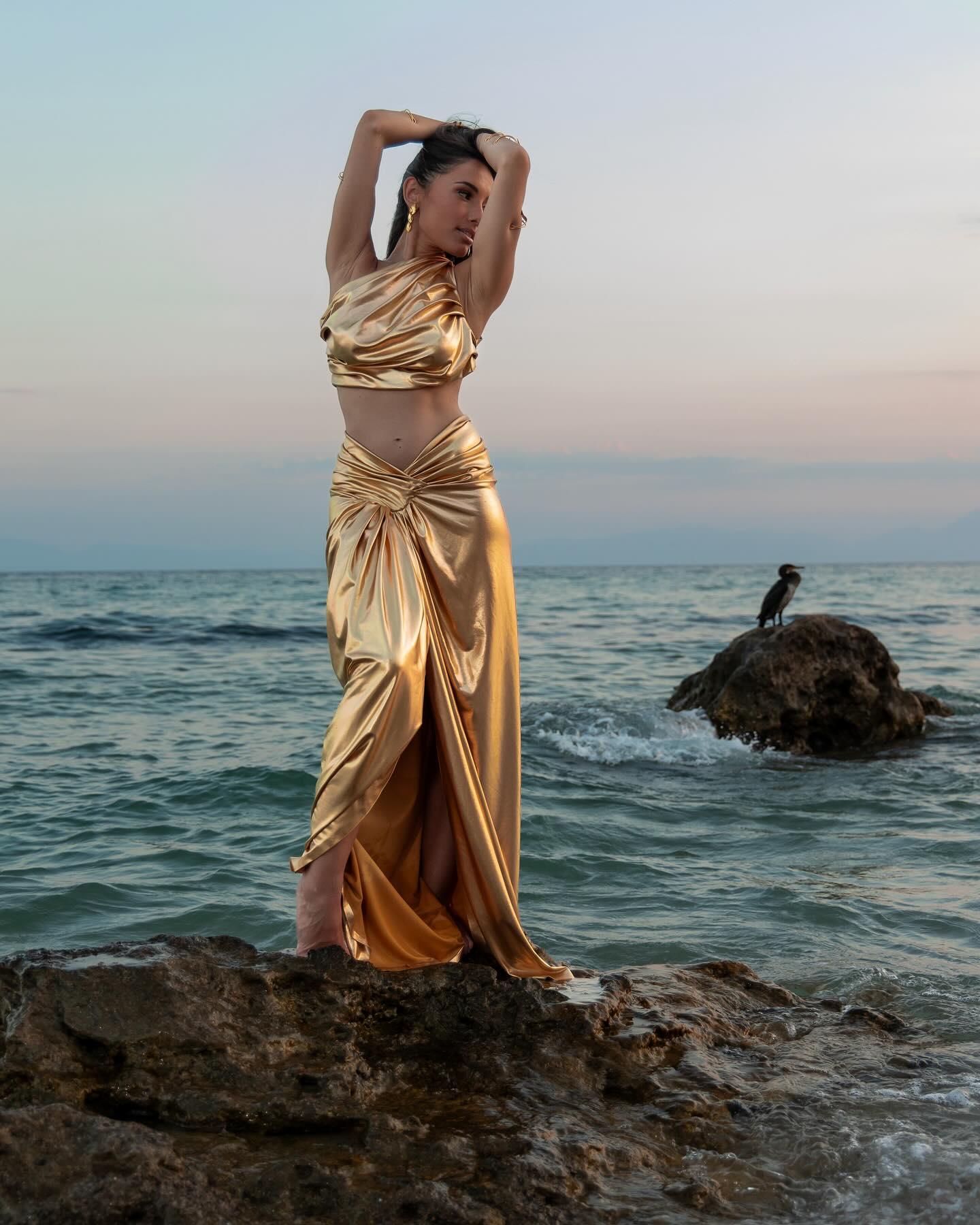 Woman in a gold satin dress posing on rocks by the sea at sunset with a bird on a nearby rock