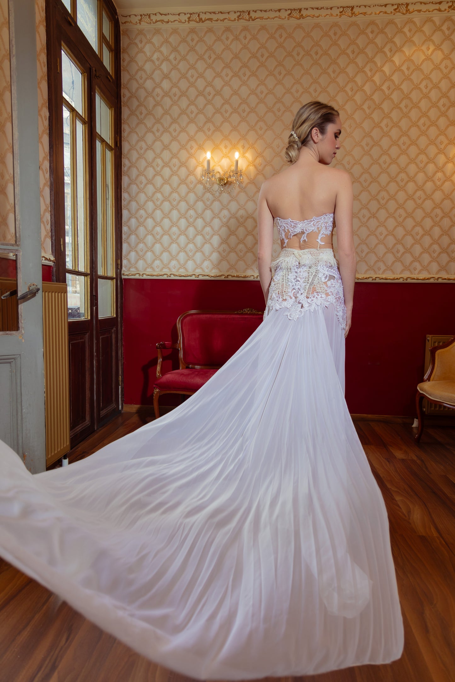 Lace Cascade evening gown by Calliope Anemouli