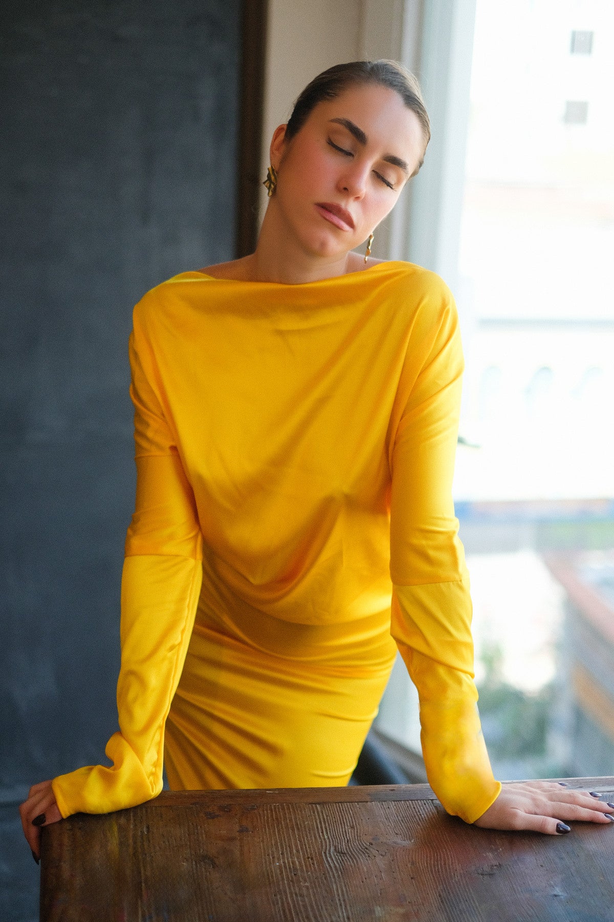 Chryseis golden satin gown by Calliope Anemouli