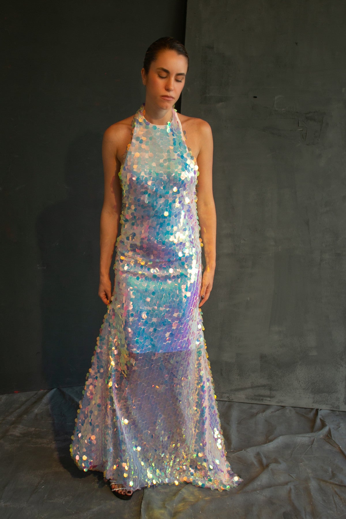 Aurora iridescent sequin halter mermaid gown by Calliope Anemouli