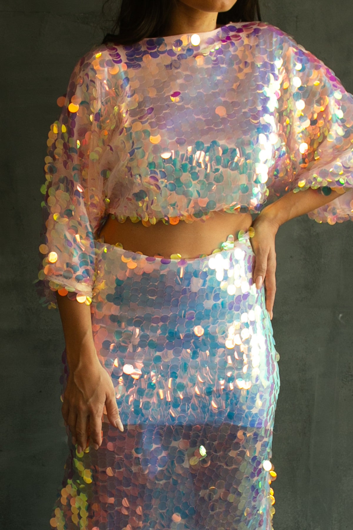 Opal iridescent crop top & flowing skirt set by Calliope Anemouli