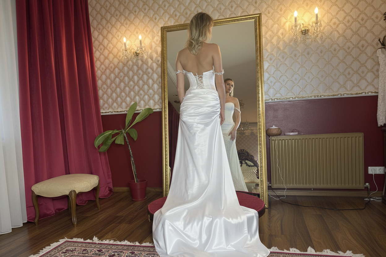 Woman in a white wedding dress standing in front of a mirror in an elegant room.