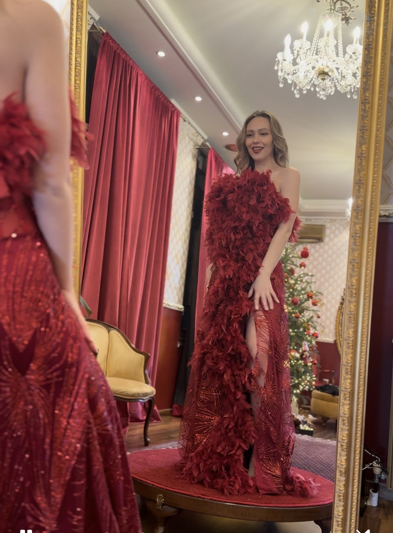 HESTIA – Burgundy Feather-Trim Embroidered Gown by Calliope Anemouli