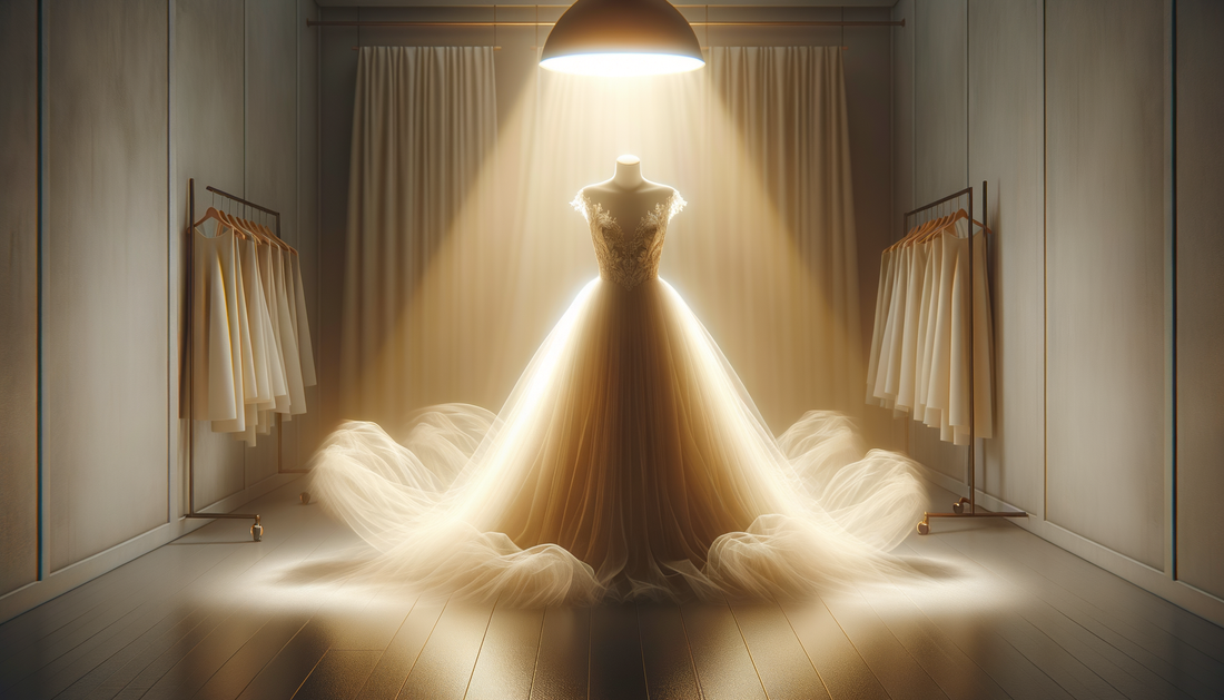 elegant handcrafted gown with flowing fabric in soft golden studio lighting