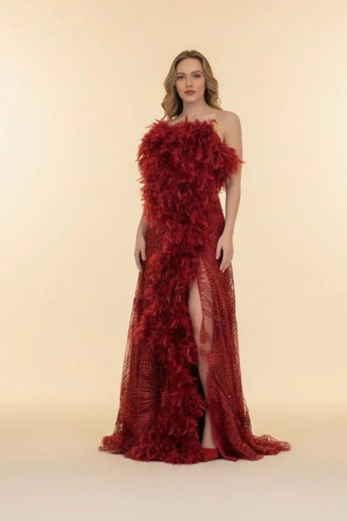 Burgundy feather-trim cocktail dress by Calliope Anemouli