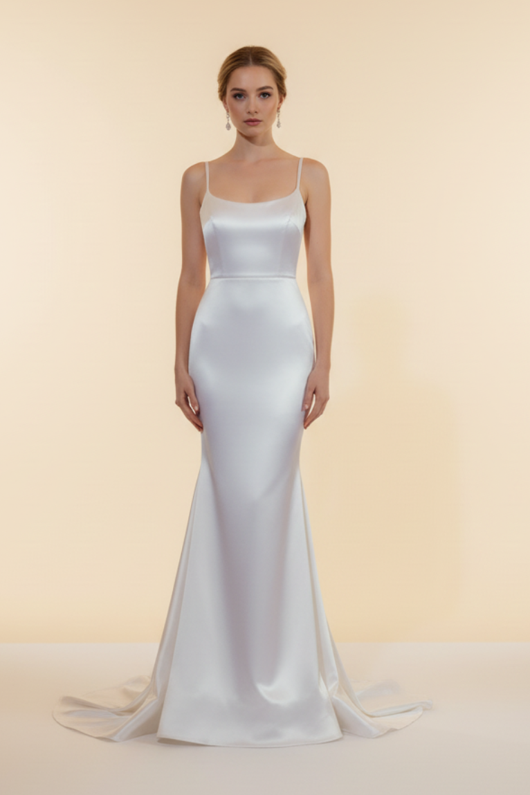 Woman in a white dress standing in front of a large ornate mirror in a room with red walls.