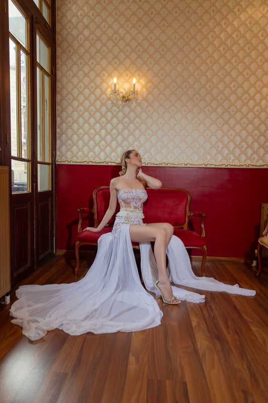 Lace Cascade evening gown by Calliope Anemouli