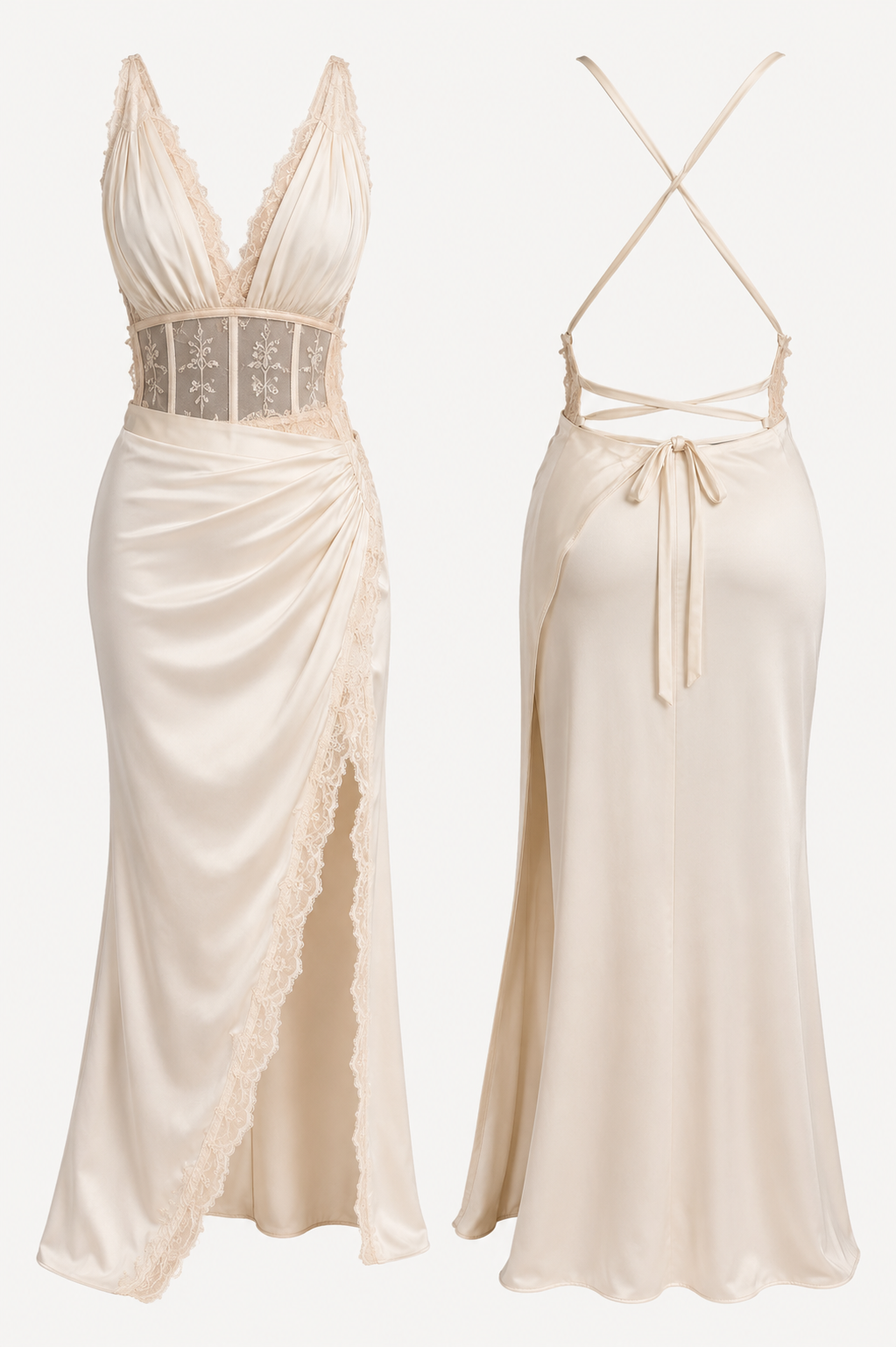 Two beige evening gowns on a white background