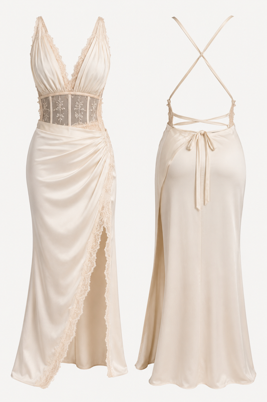 Two beige evening gowns on a white background