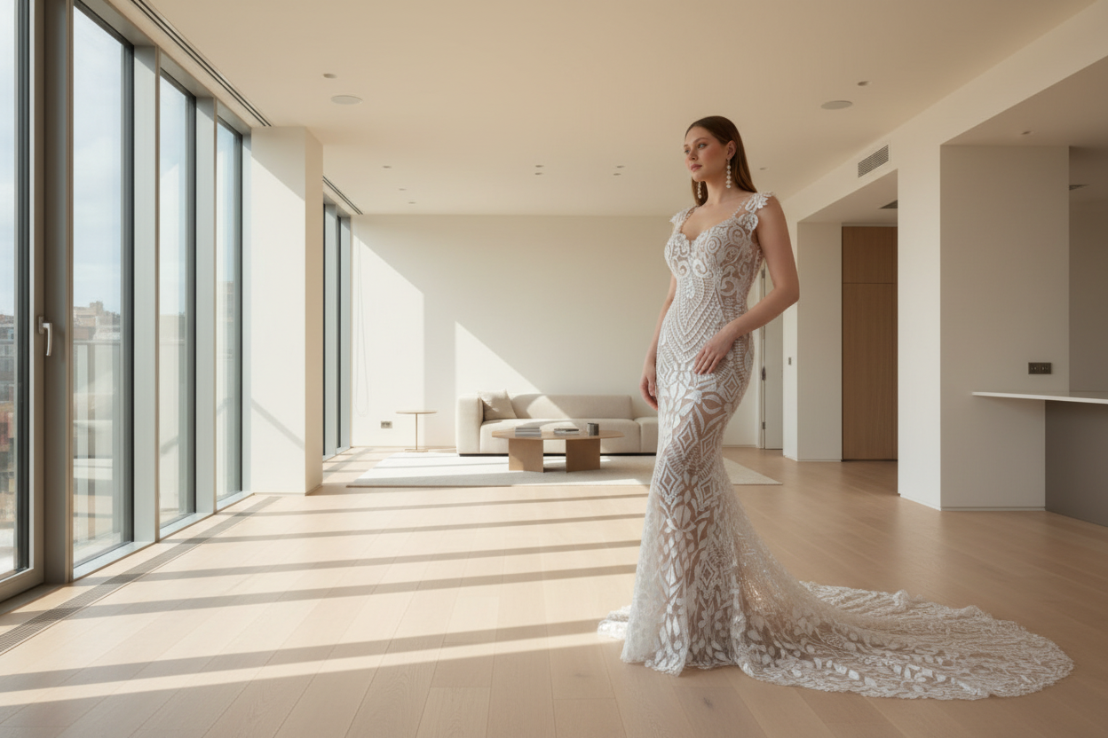Woman in a silver evening gown against a warm beige background