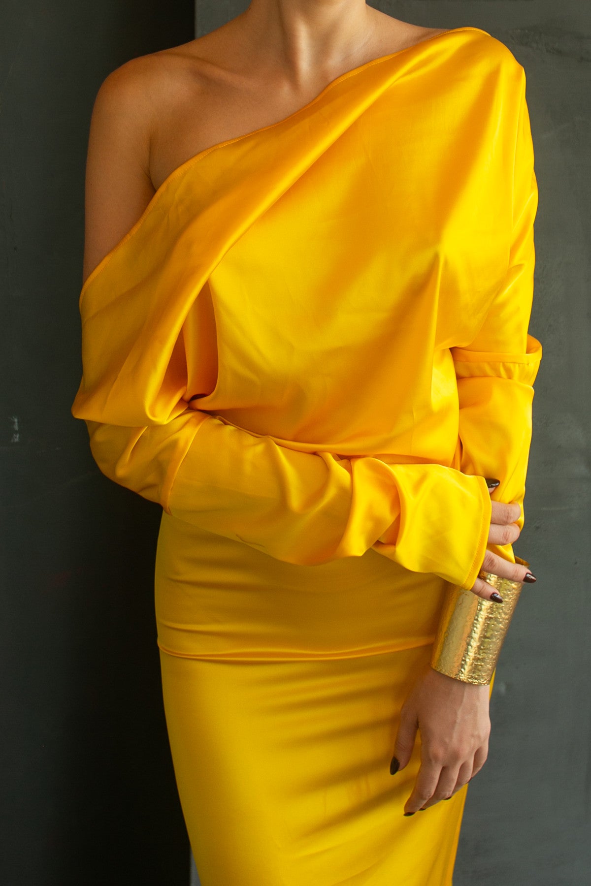 Chryseis golden satin gown by Calliope Anemouli