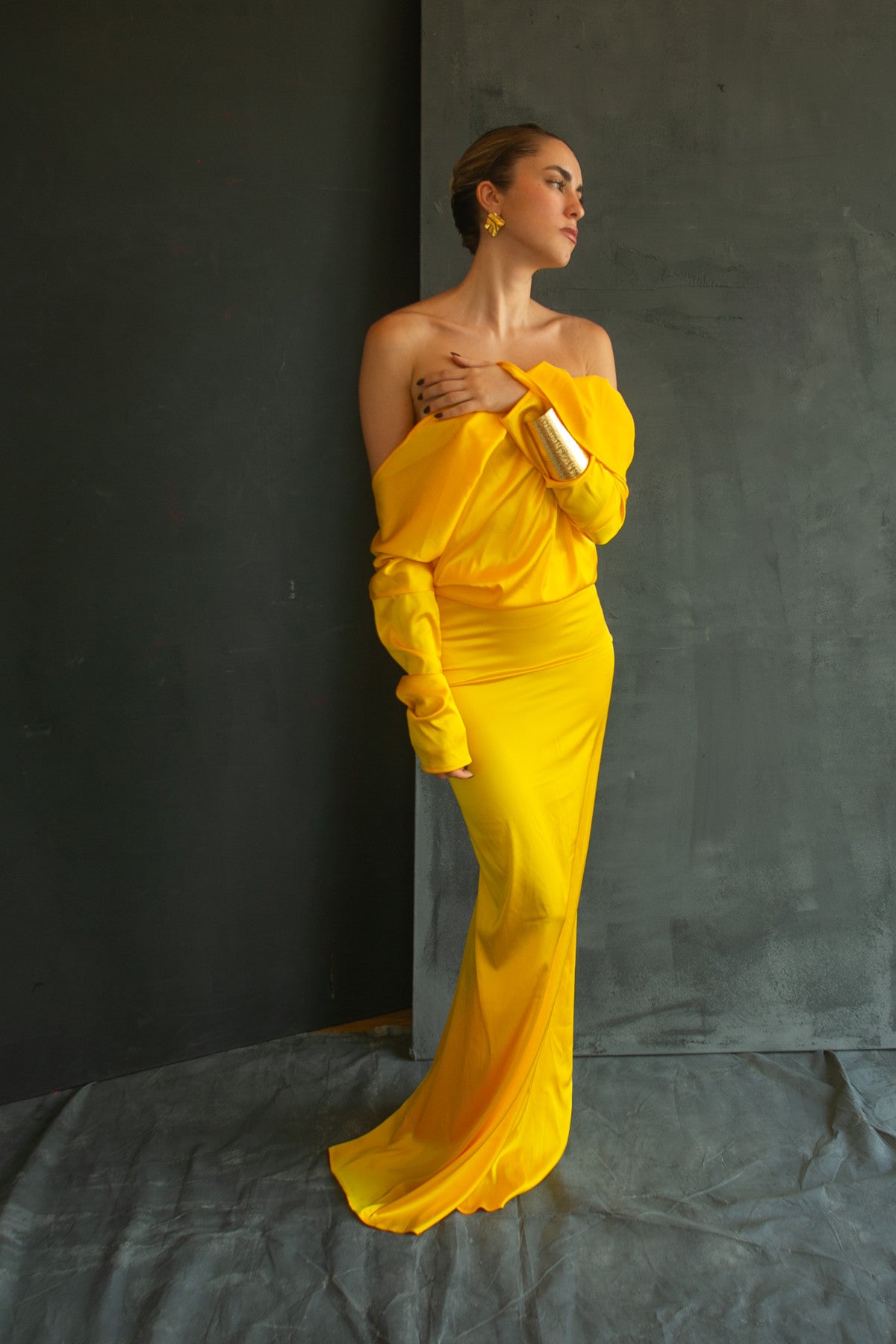 Chryseis golden satin gown by Calliope Anemouli