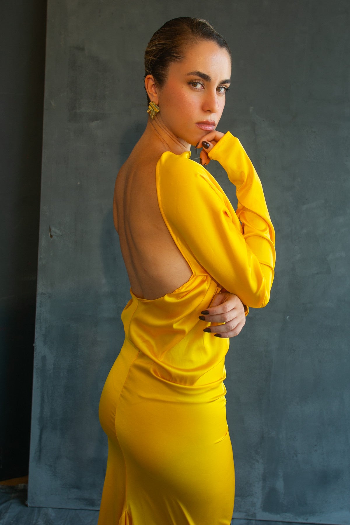 Chryseis golden satin gown by Calliope Anemouli