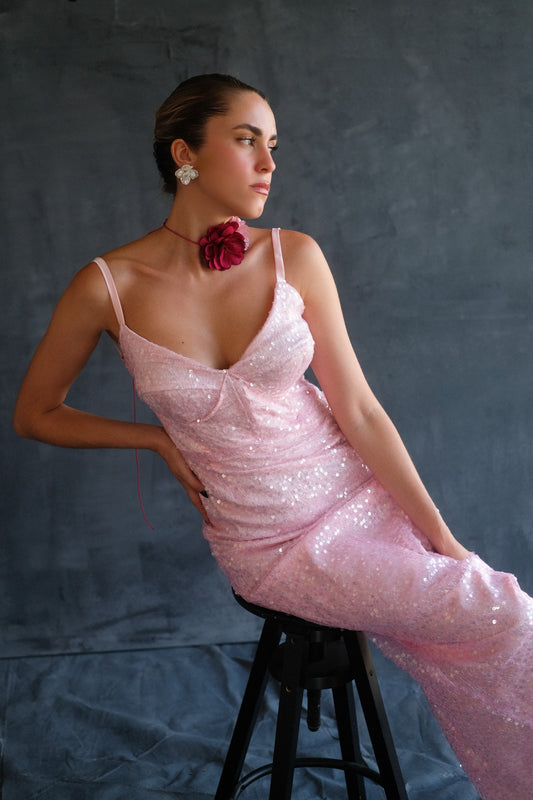 HEBE – Ντραπέ Βραδινό Φόρεμα με Blush Παγιέτες Καλλιόπη Ανεμούλη