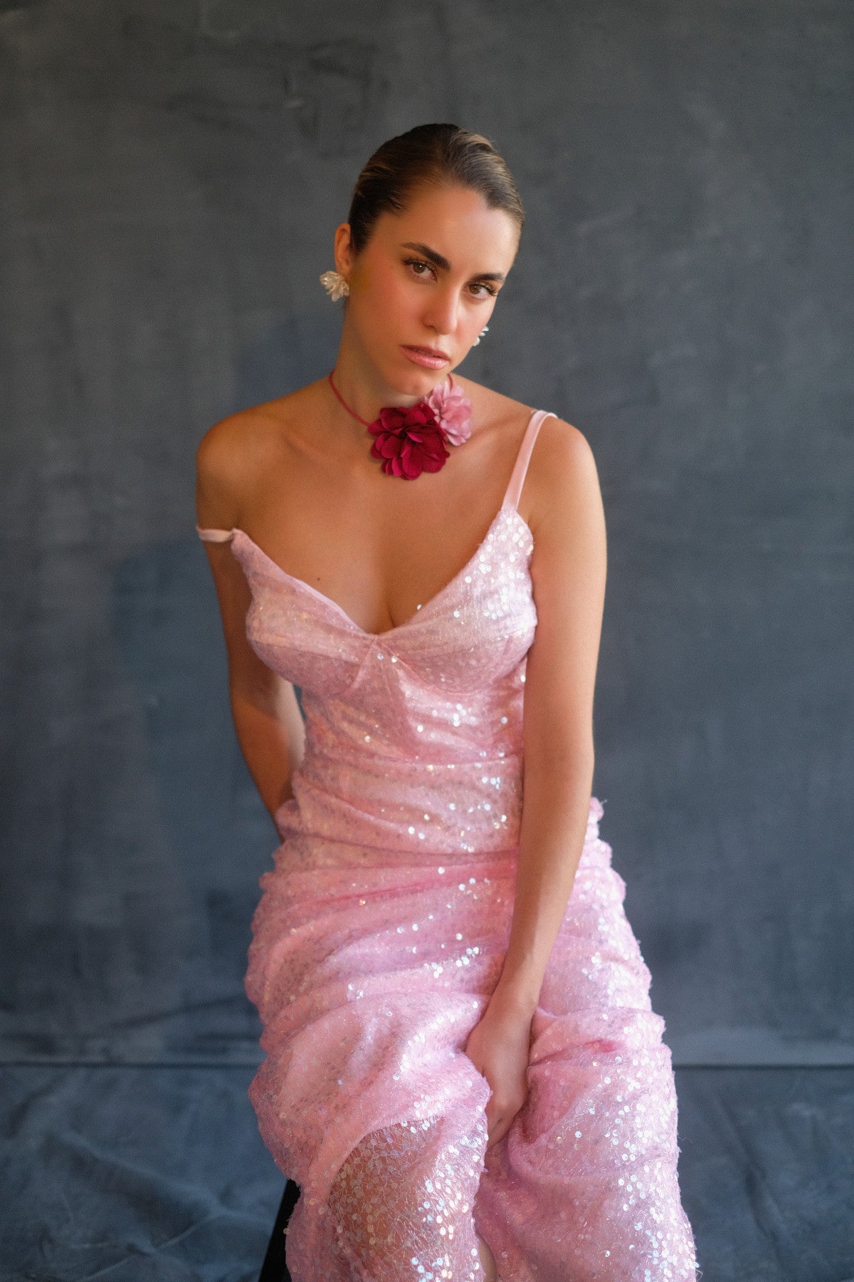 Hebe blush sequin draped gown by Calliope Anemouli