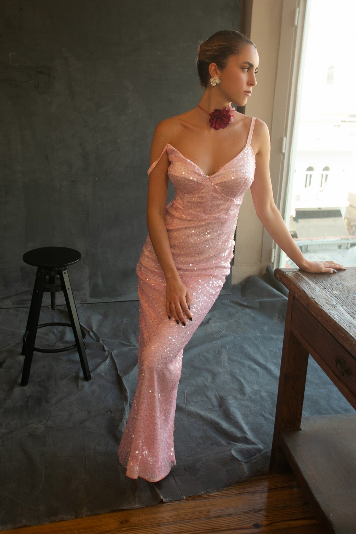 Hebe blush sequin draped gown by Calliope Anemouli