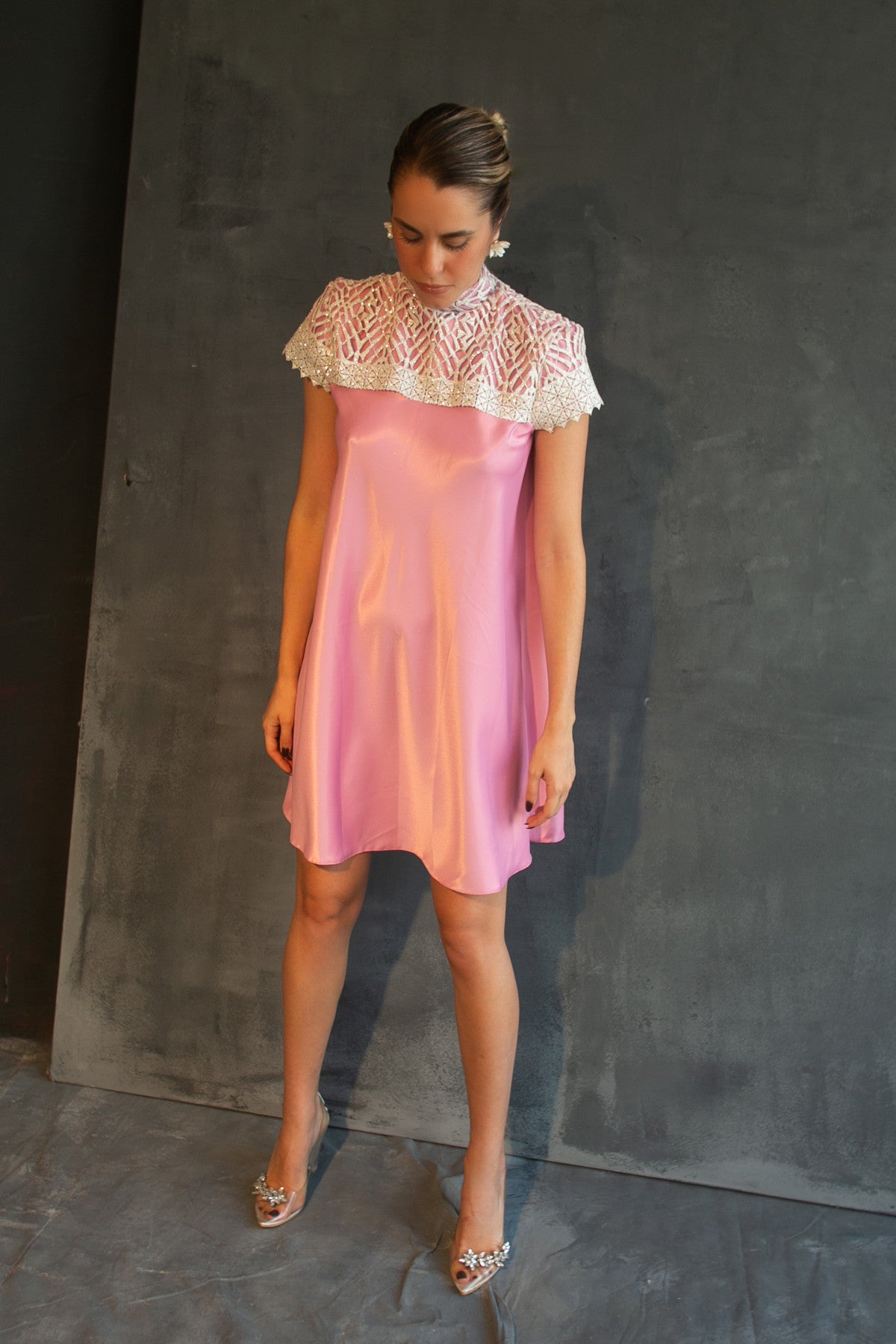 Aglaia lace-yoke satin mini dress by Calliope Anemouli