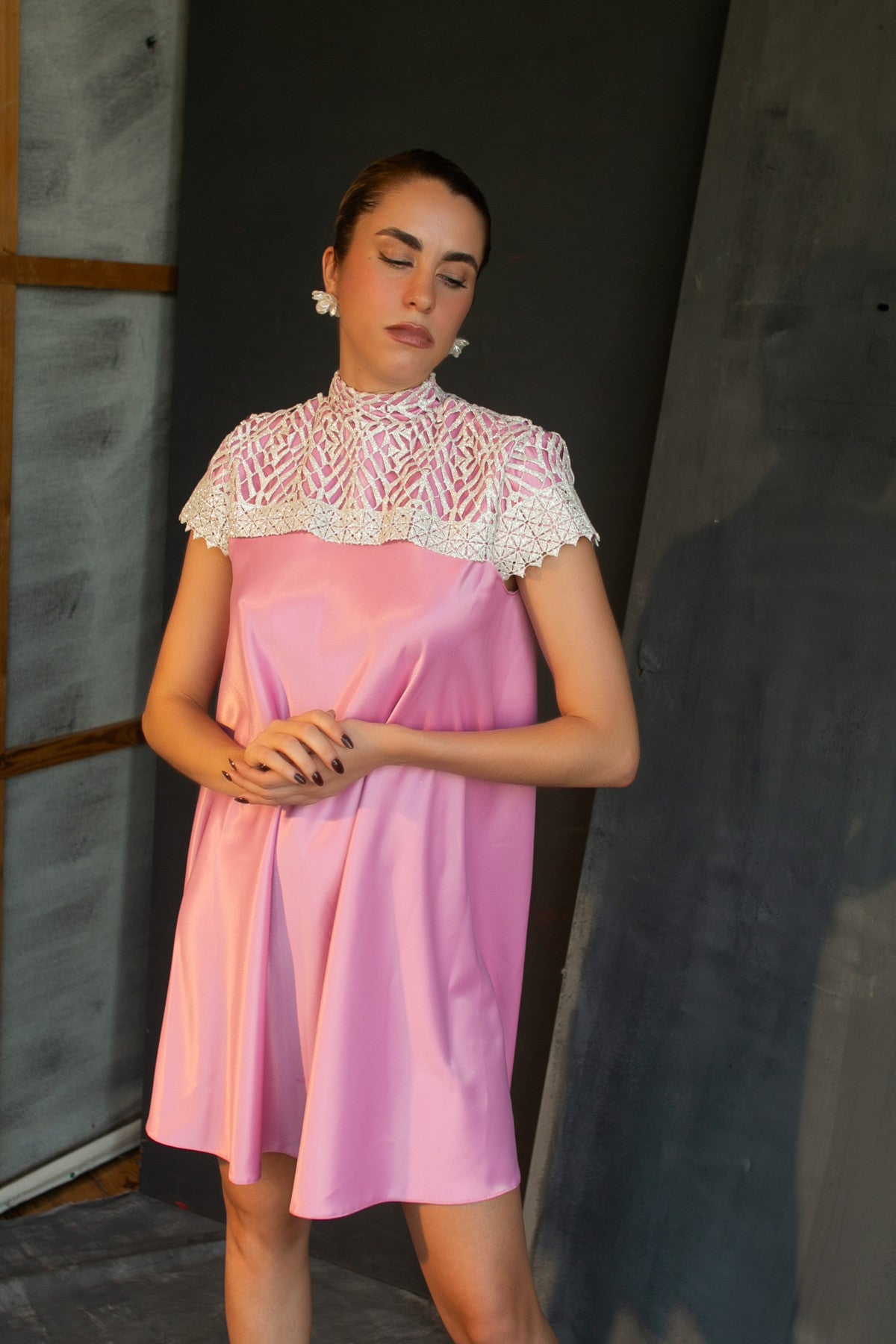 Aglaia lace-yoke satin mini dress by Calliope Anemouli