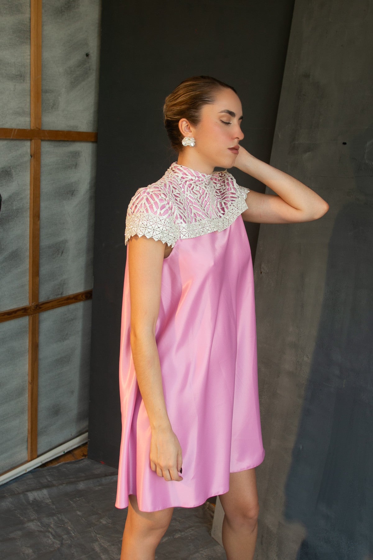 Aglaia lace-yoke satin mini dress by Calliope Anemouli