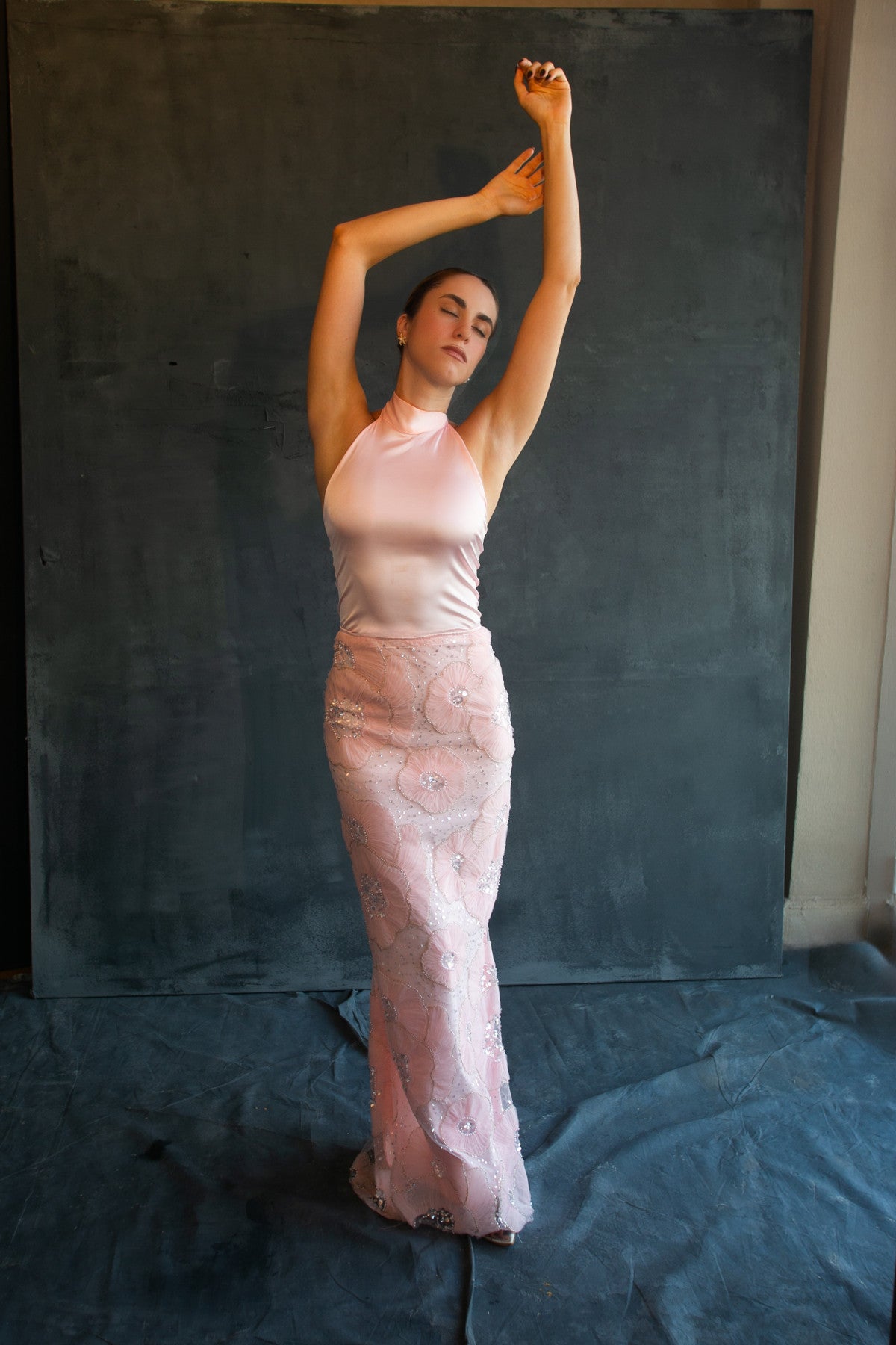 Antheia satin halter & floral skirt set by Calliope Anemouli