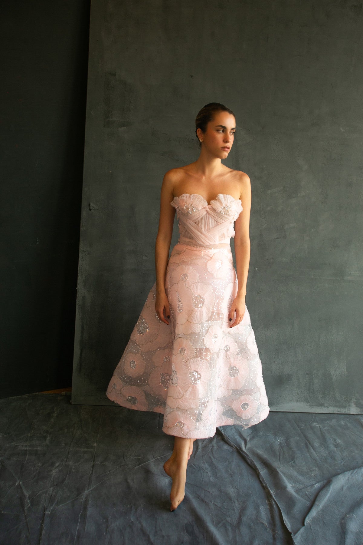 Persephone blush embroidered strapless midi gown by Calliope Anemouli