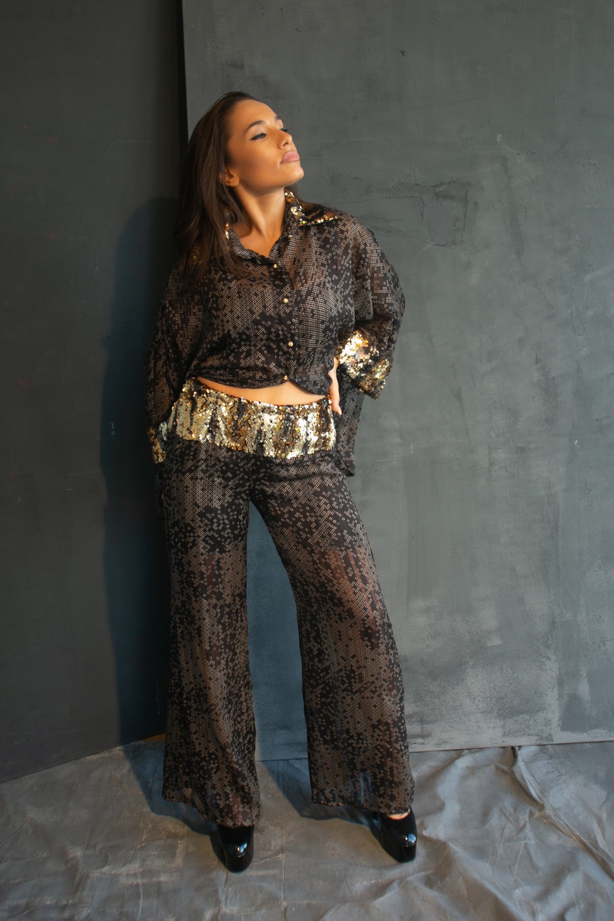 Nyx sheer shirt & trouser set by Calliope Anemouli