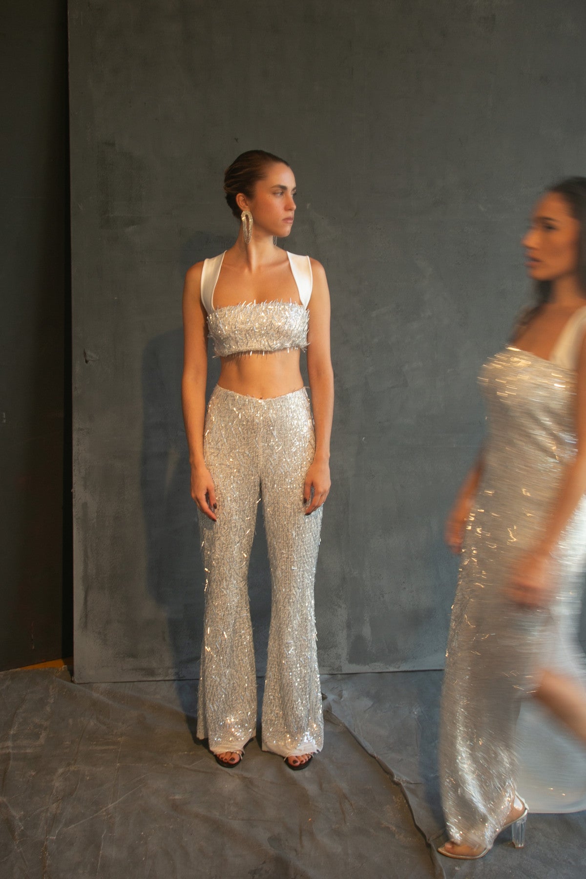 Starlight crystal-fringe bralette & trouser set by Calliope Anemouli