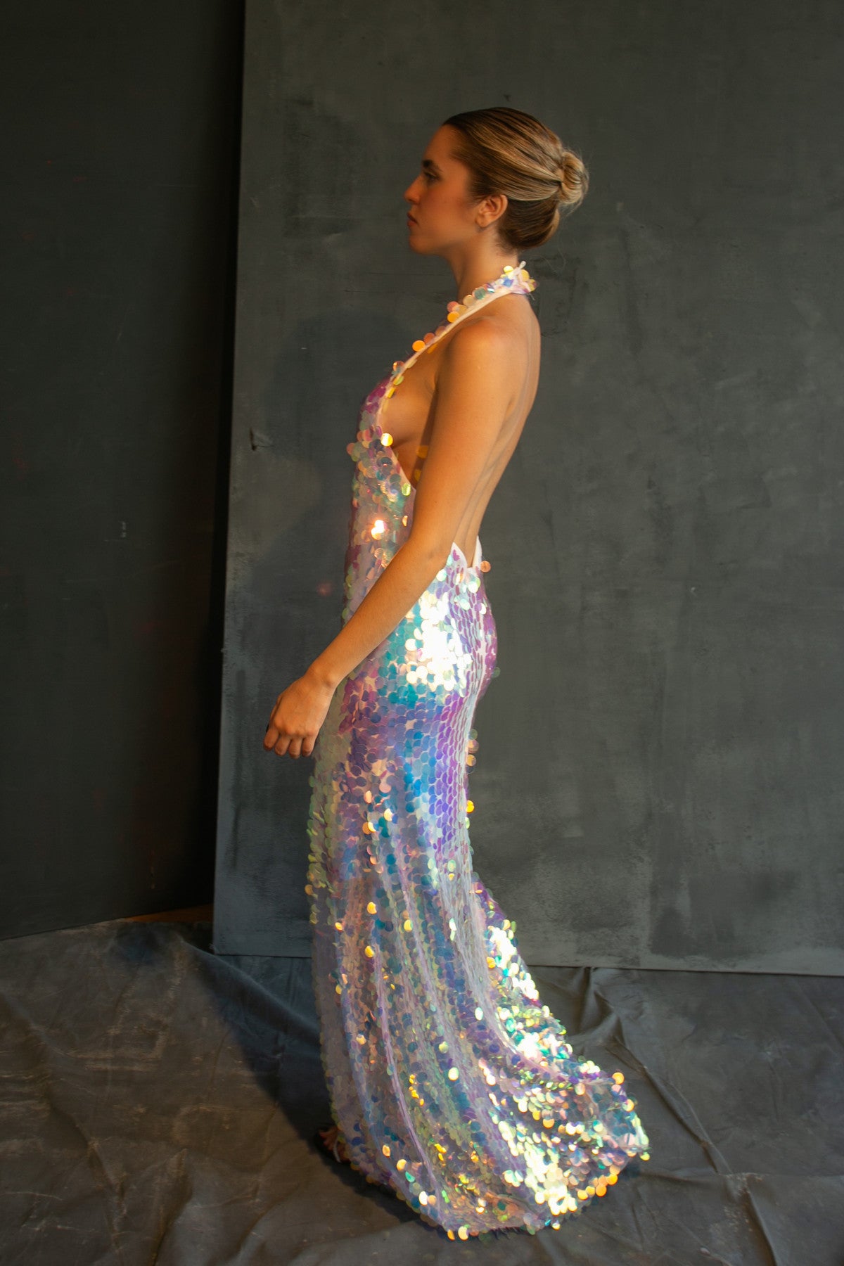 Aurora iridescent sequin halter mermaid gown by Calliope Anemouli