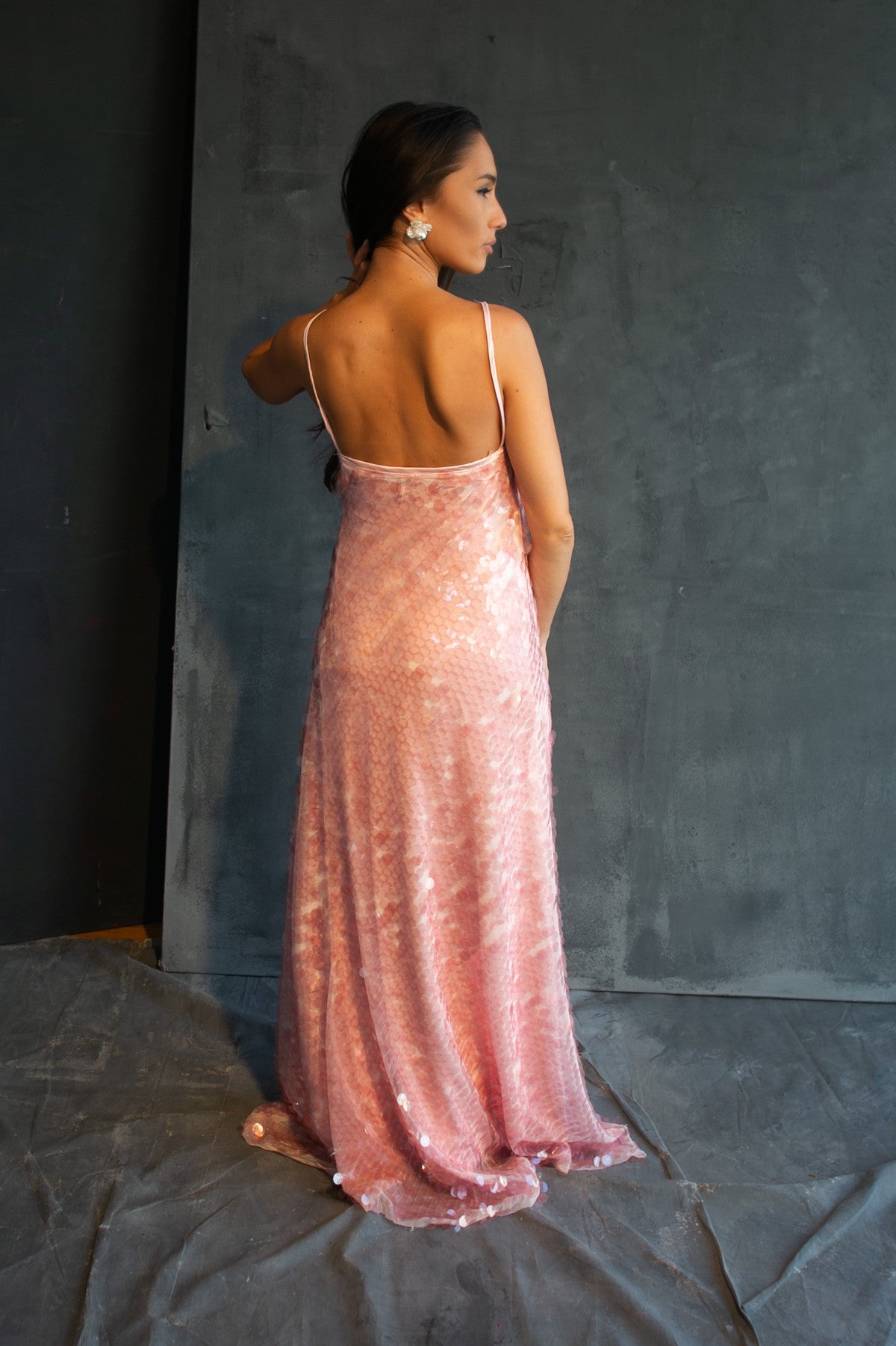 Blush Sequin Spaghetti Gown by Calliope Anemouli