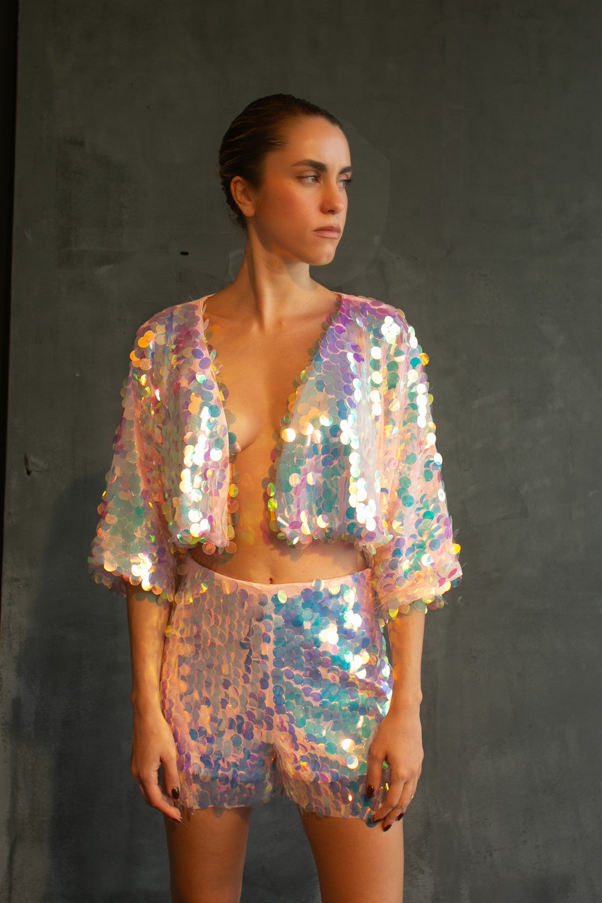 Opal iridescent bolero & short set by Calliope Anemouli