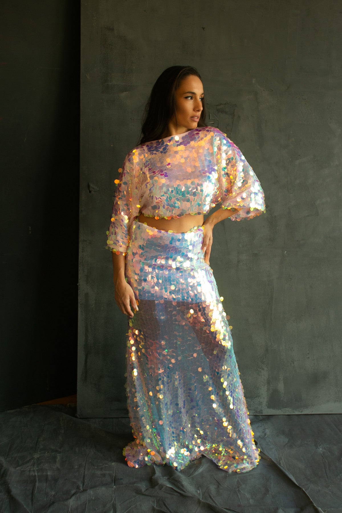 Opal iridescent crop top & flowing skirt set by Calliope Anemouli