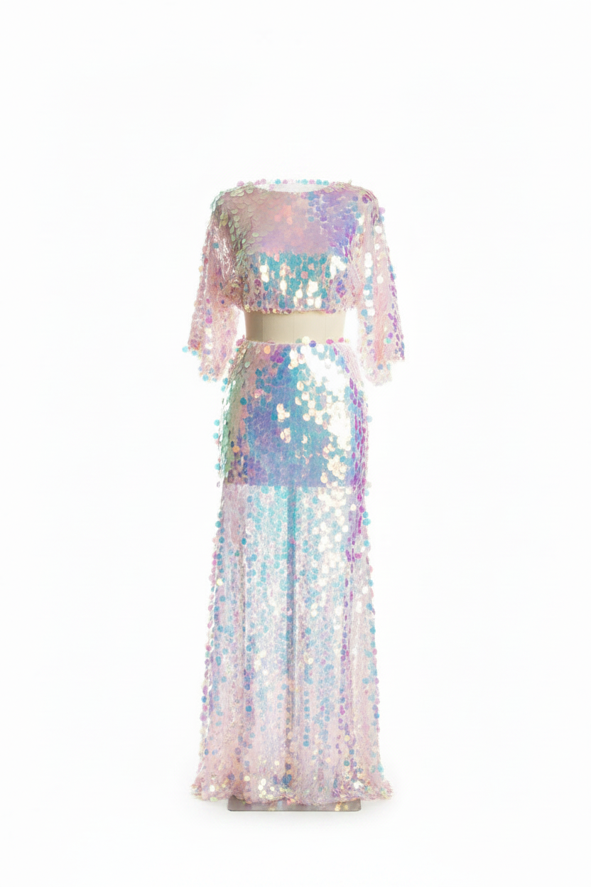 Woman wearing a sparkling, multicolored outfit against a dark background