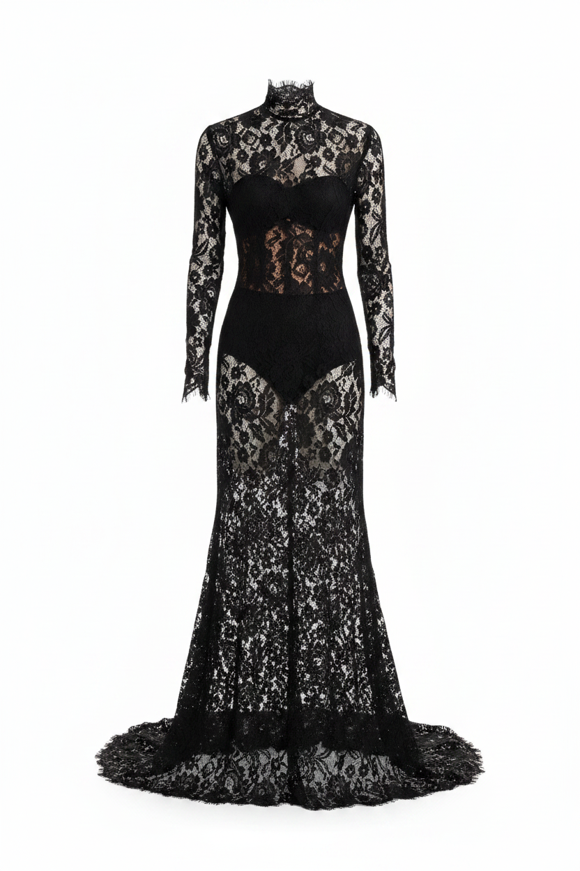 Black lace evening gown on a white background