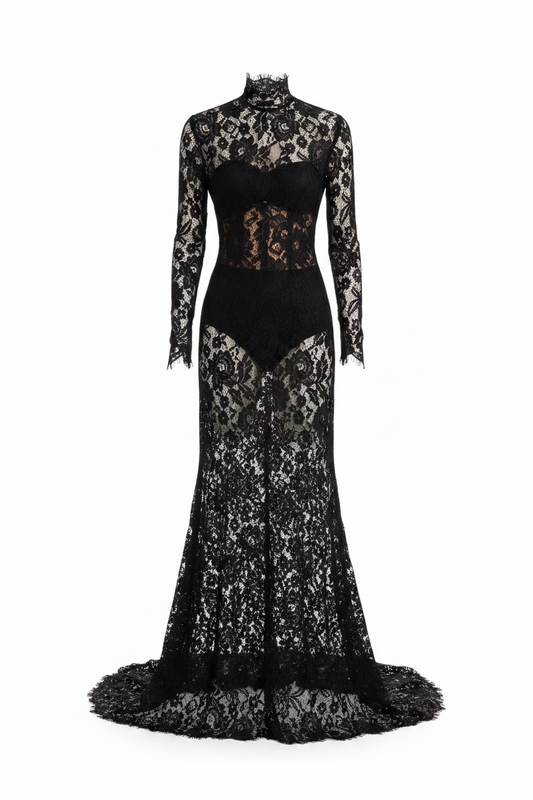 Black lace evening gown on a white background