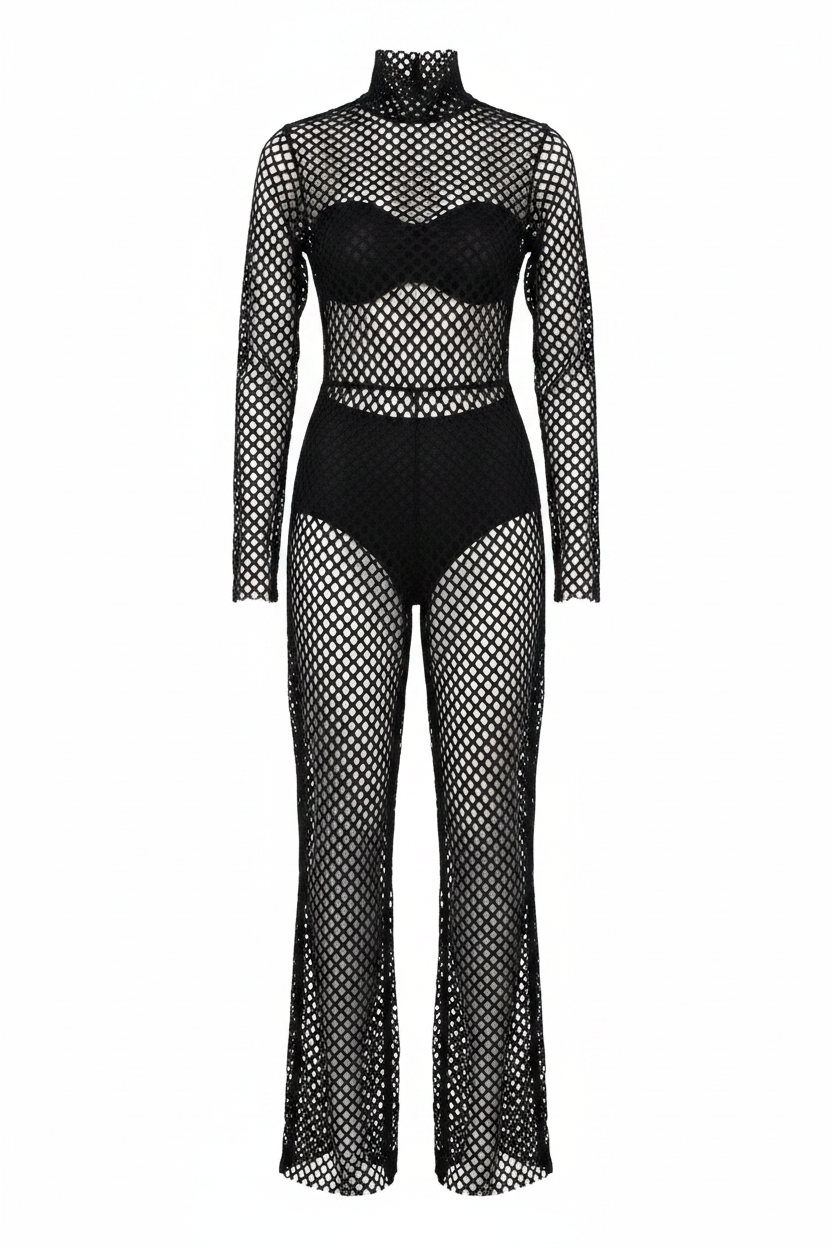 Person wearing a black fishnet outfit against a gray background