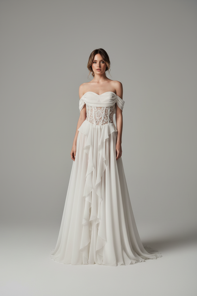 Elysara draped bridal gown by Calliope Anemouli with off-shoulder neckline, transparent lace corset and flowing skirt