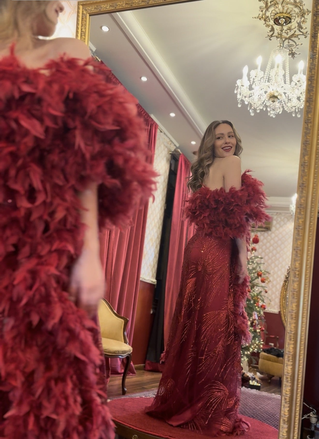 HESTIA – Burgundy Feather-Trim Embroidered Gown by Calliope Anemouli