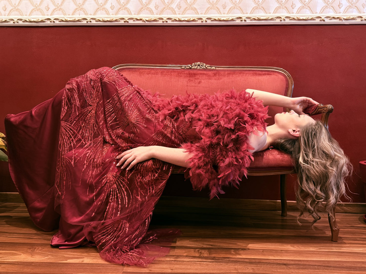 HESTIA – Burgundy Feather-Trim Embroidered Gown by Calliope Anemouli